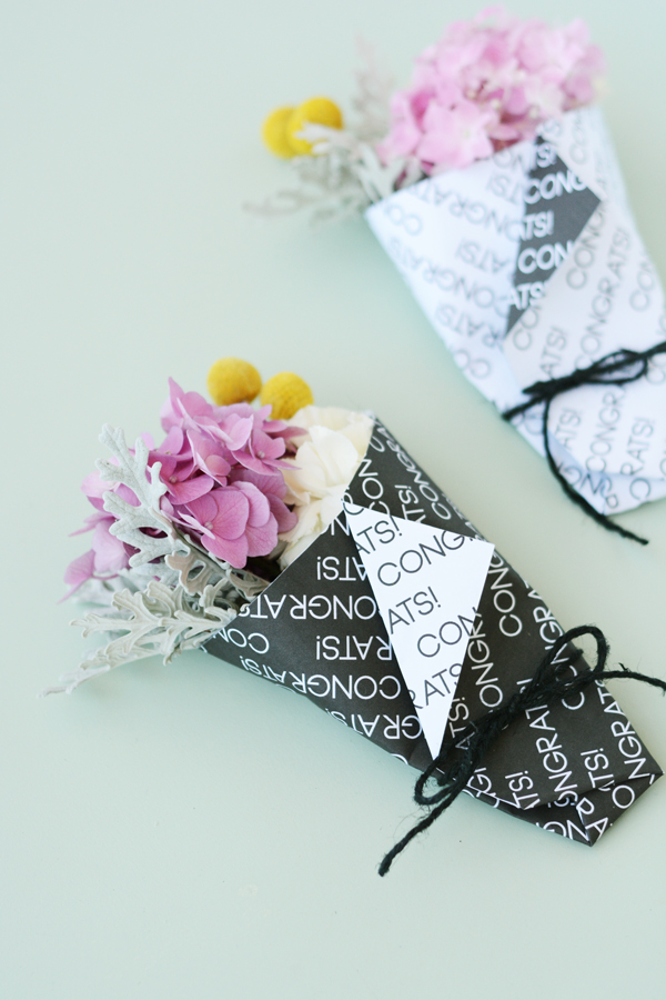 DIY mini grad bouquets with printable "congrats" paper wrap