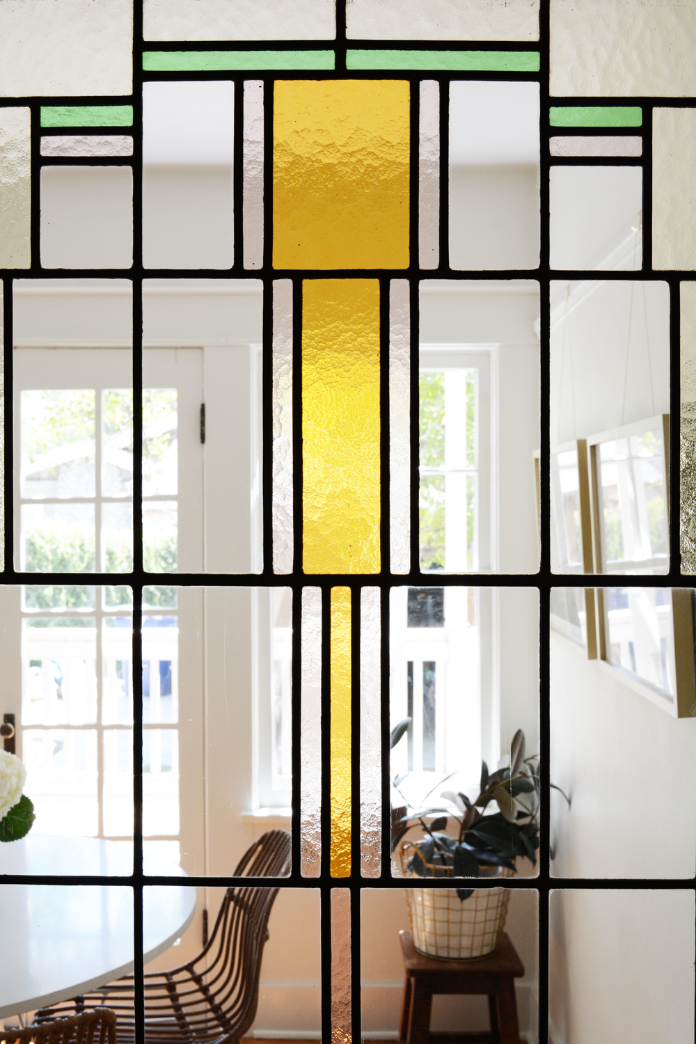 Stained glass door in 1918 Craftsman home. 