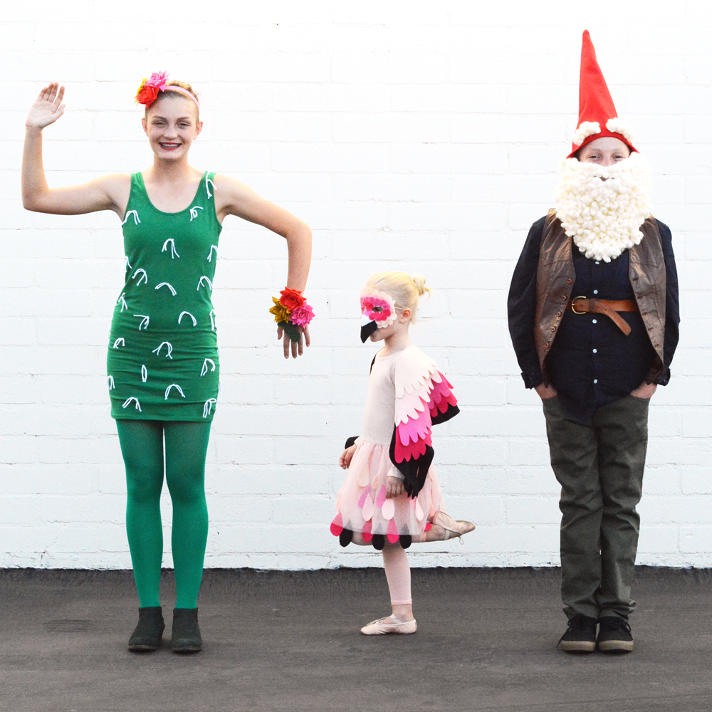 DIY Garden Gnome, Cactus, and Flamingo Halloween Costumes for Siblings