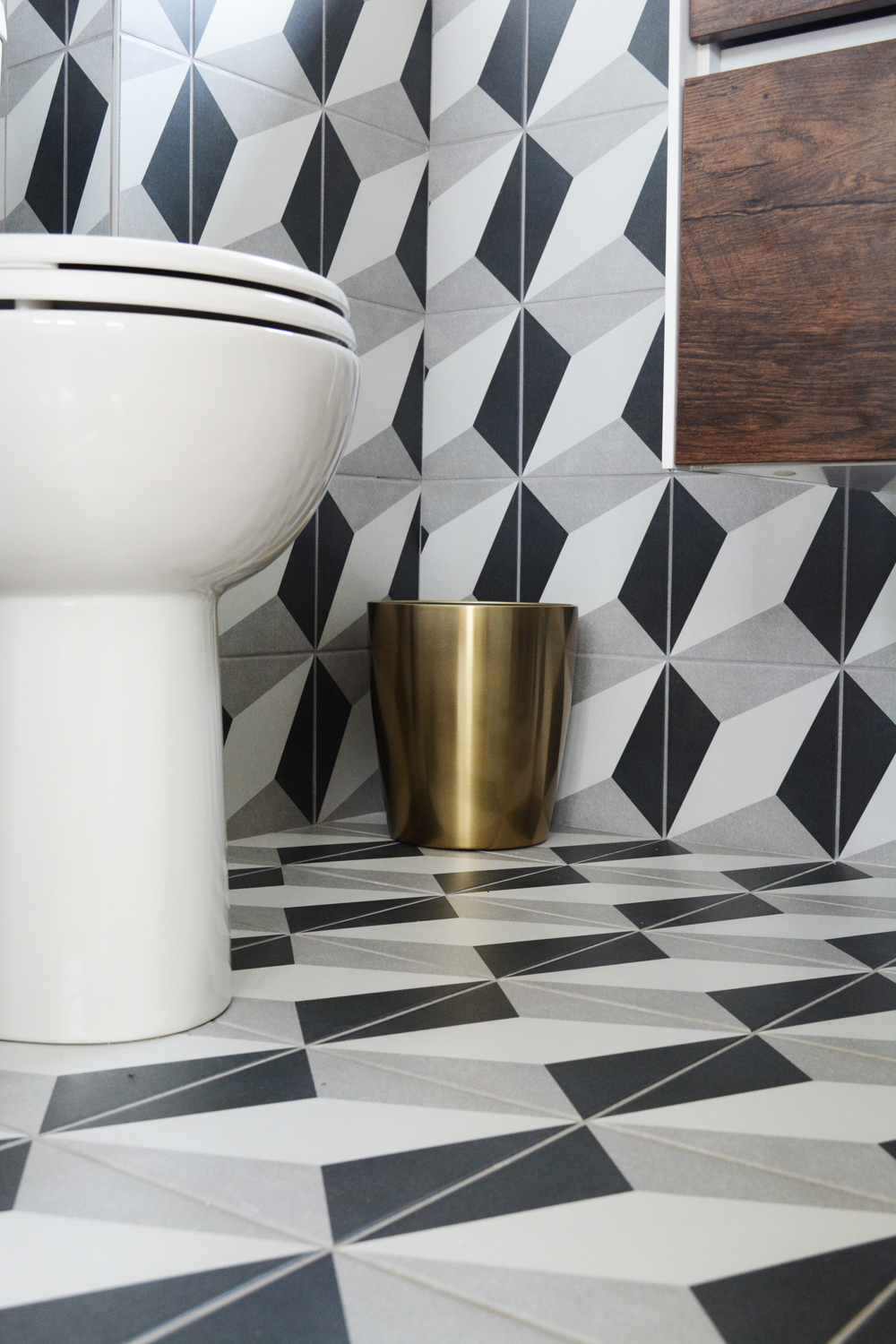 Bold geometric patterned tile on the bathroom floors and walls. 