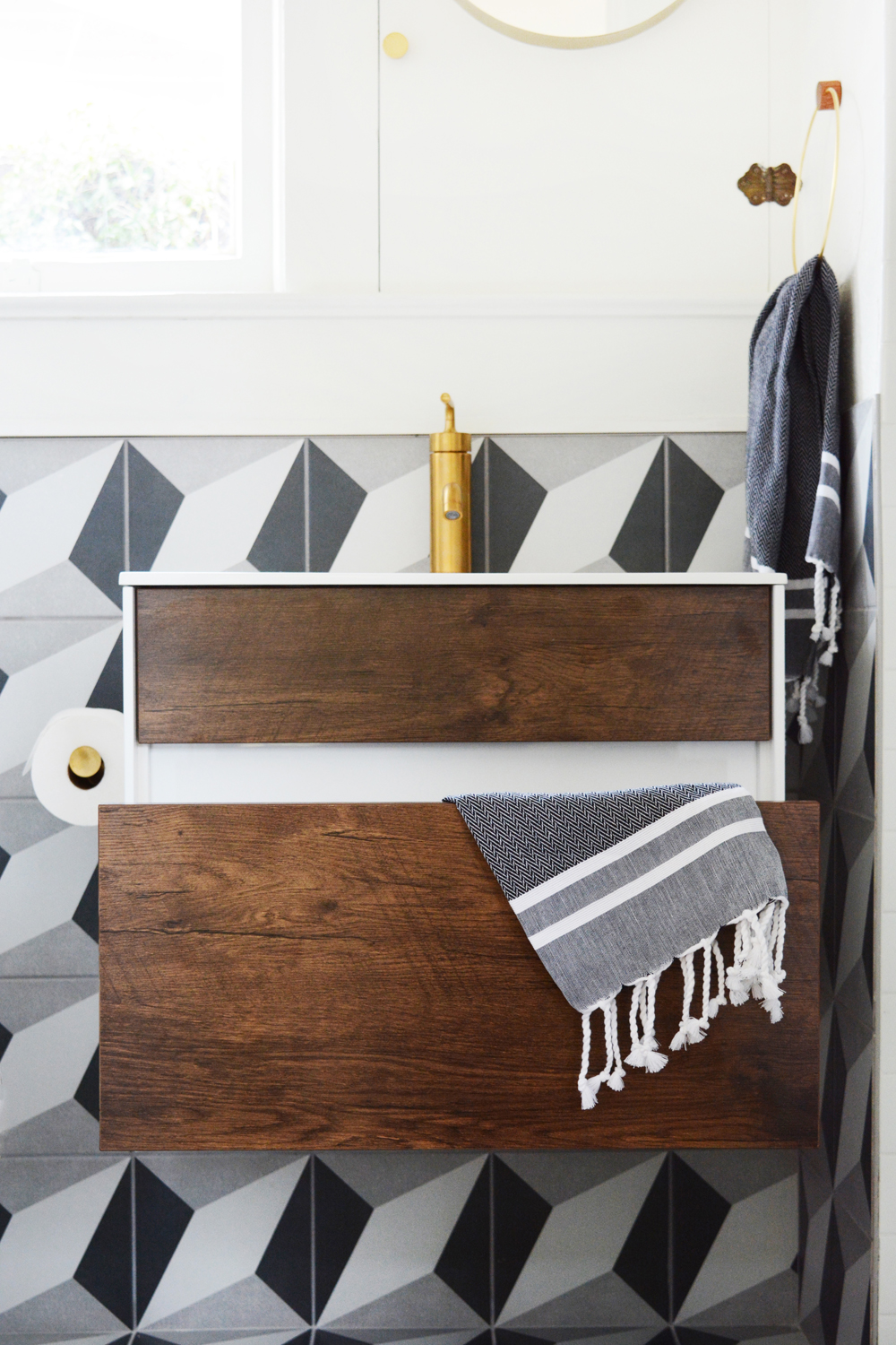 Guesthouse Bathroom Reveal - modern patterns and vintage touches create a bold bathroom. 