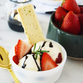 Rosemary Shortbread with Strawberries, Ice Cream and a Balsamic Reduction