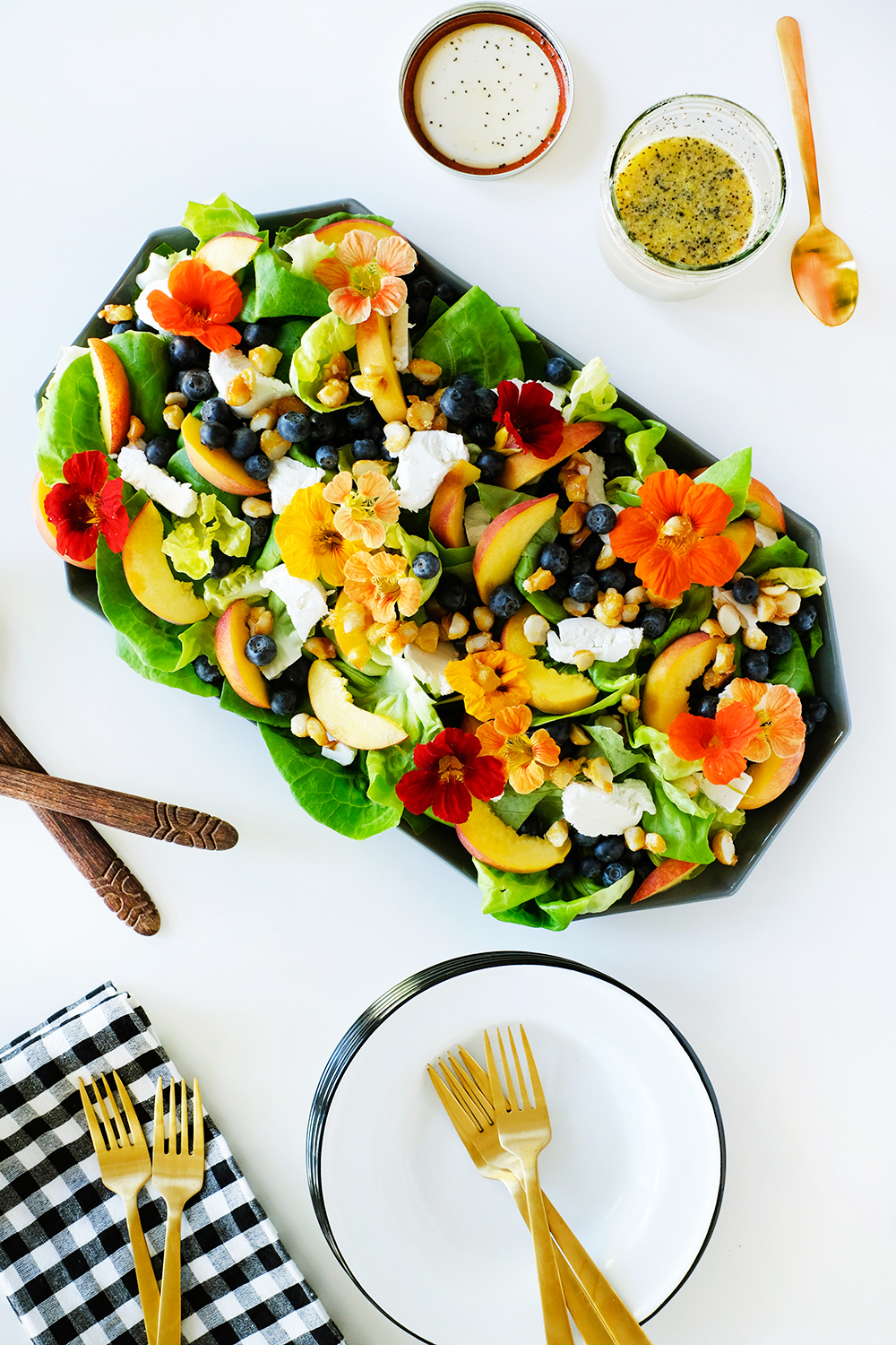 Summer Fruit + Flowers Salad with Lemon Poppy Seed Dressing