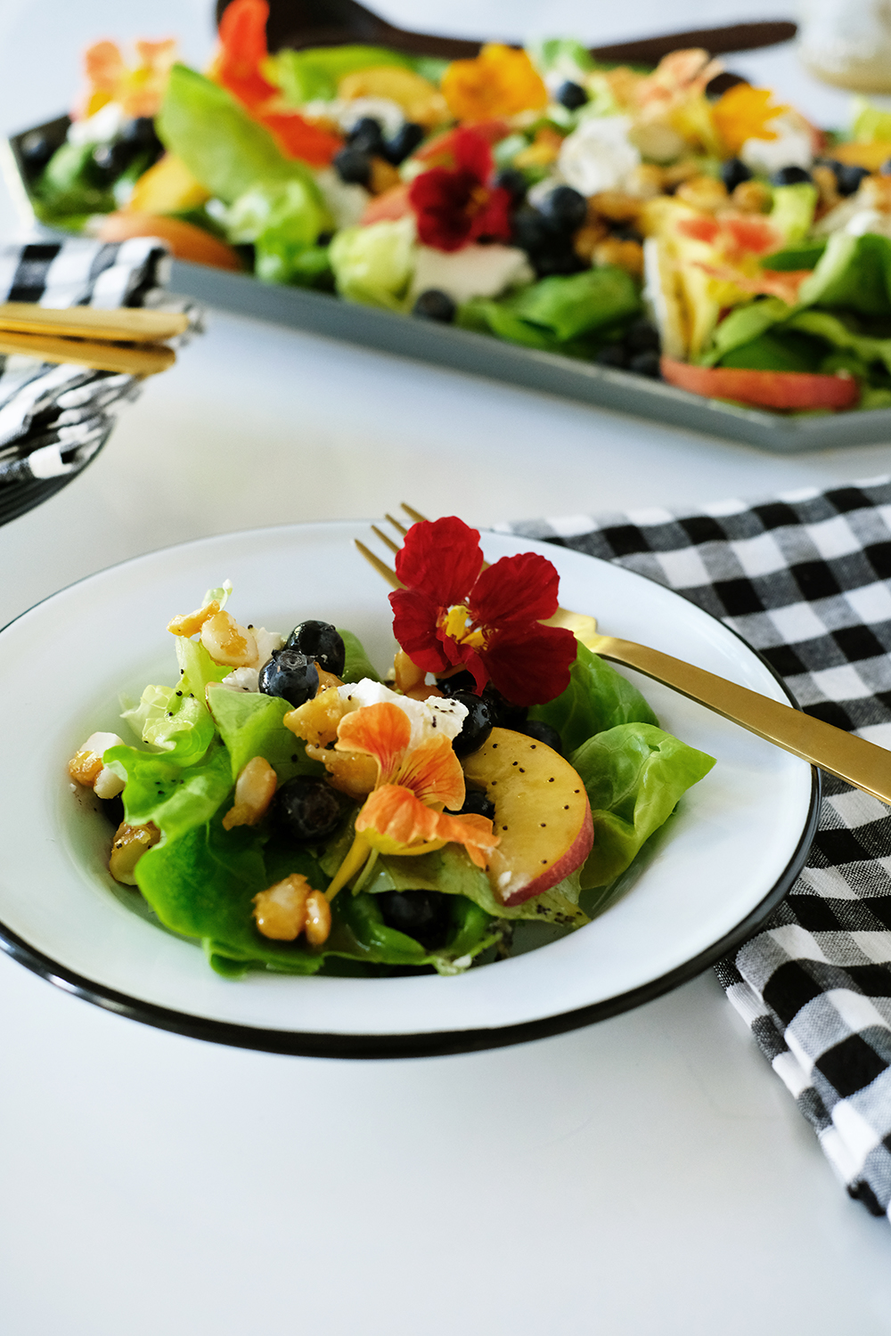Summer Fruit + Flowers Salad with Lemon Poppy Seed Dressing